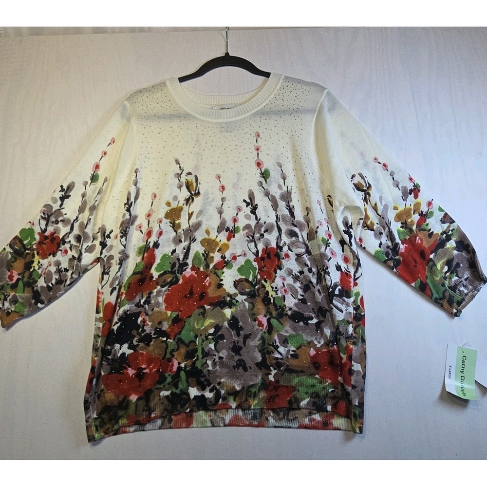 Cathy Daniels Women's XL Floral Sweater Gold Studded 3/4 Sleeve Ivory NWT